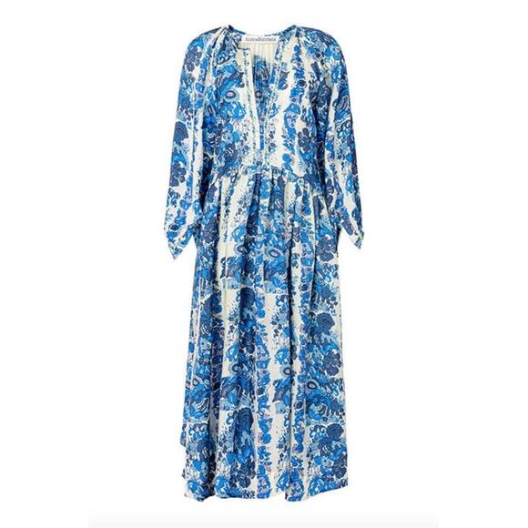 NWT Alix of Bohemia	Saranna Bluebell 100% Silk Boho Midi Floral Dress Blue XS - Picture 1 of 9